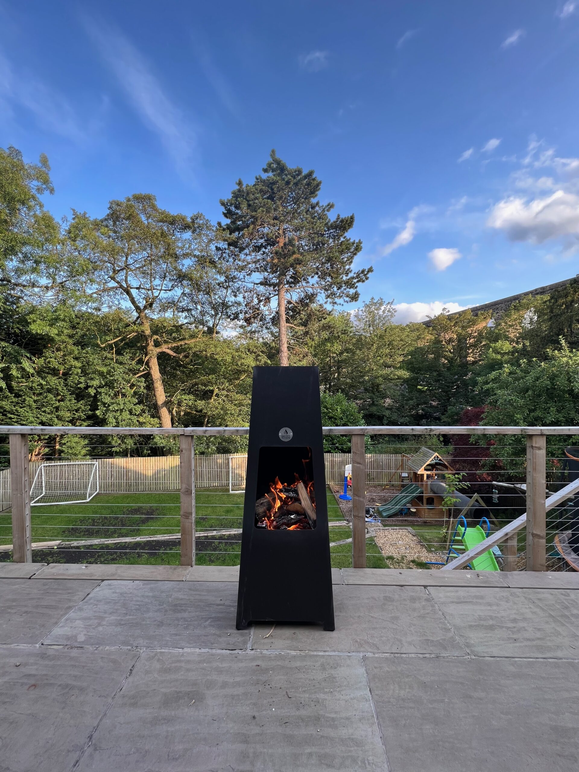 Front photo of luxury chiminea made from tough steel by Garden Embers